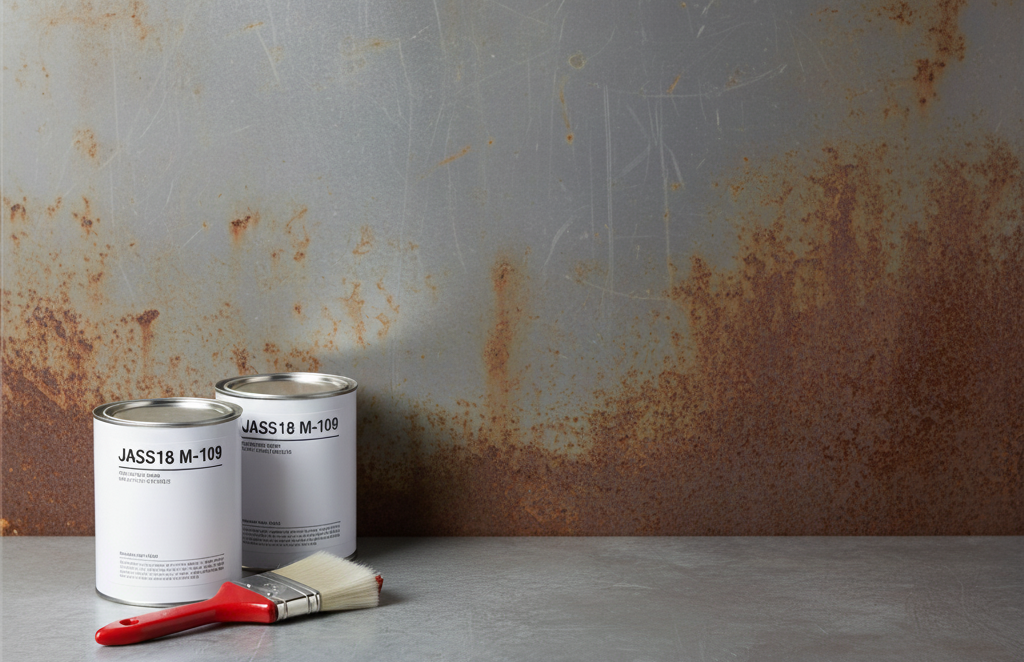 JASS18 M-109 変性エポキシ樹脂プライマー　イメージ図　塗料缶とさびた壁　刷毛