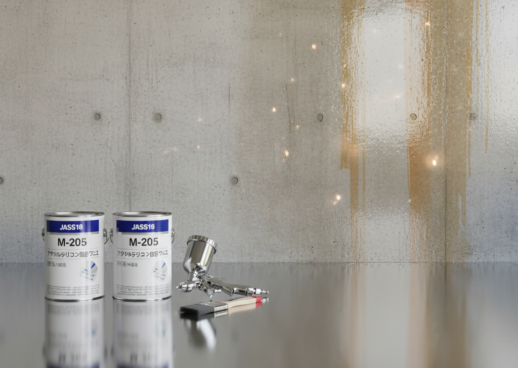 JASS18 M-205　アクリルシリコン樹脂ワニス　イメージ　塗料缶、スプレーガン、光沢のある打ち放し外壁