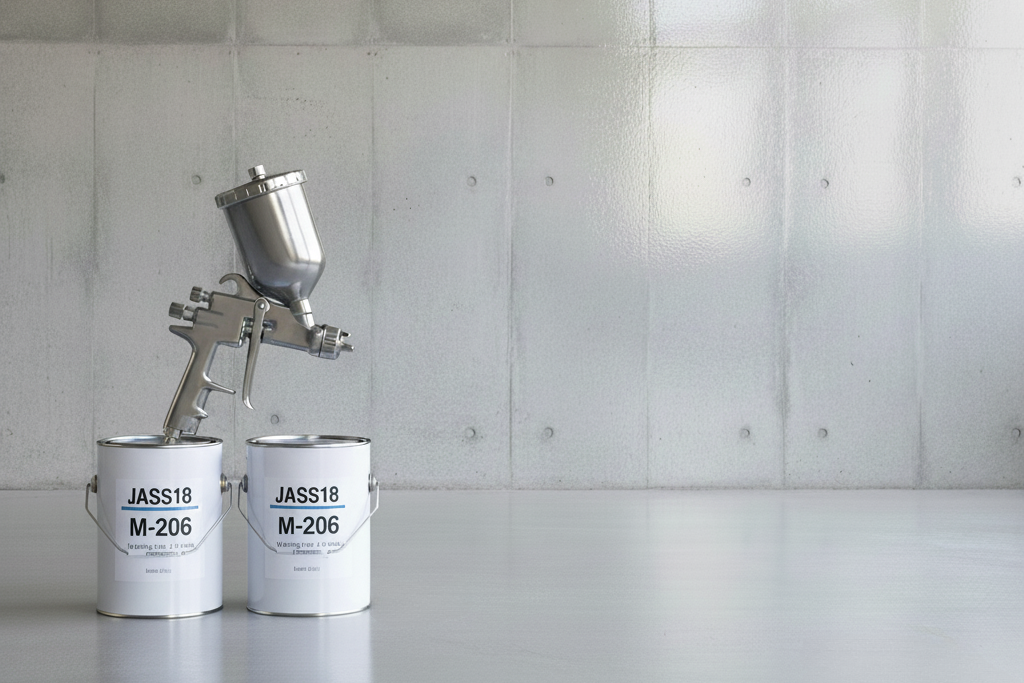 JASS18 M-206　常温乾燥形ふっ素樹脂ワニスイメージ画像 コンクリート打ち放し背景、スプレーガンと塗料缶