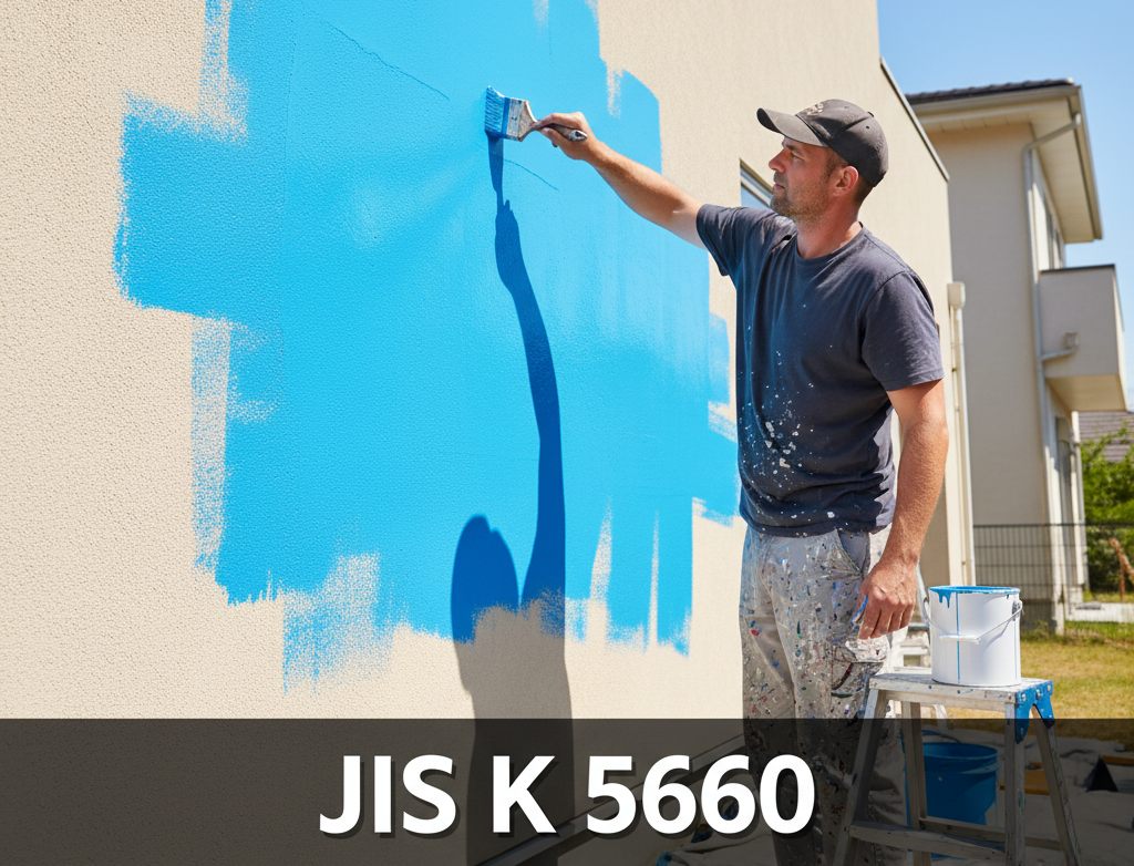 JIS K 5660 つや有合成樹脂エマルションペイント イメージ図　男性が住宅の外壁を青いペンキで塗装している