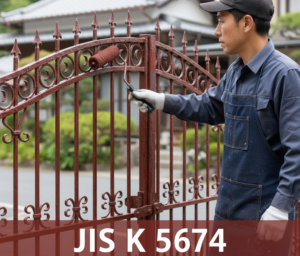 JIS K 5674 鉛・クロムフリーさび止めペイント　イメージ図　男性が金属門扉を赤さび色の塗料でローラー塗装している