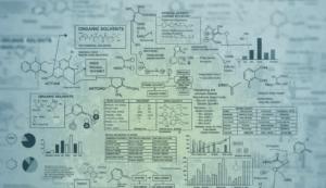 塗料と溶剤　イメージ画像　架空の有機溶剤の図表や、化学式などがちりばめられた背景
