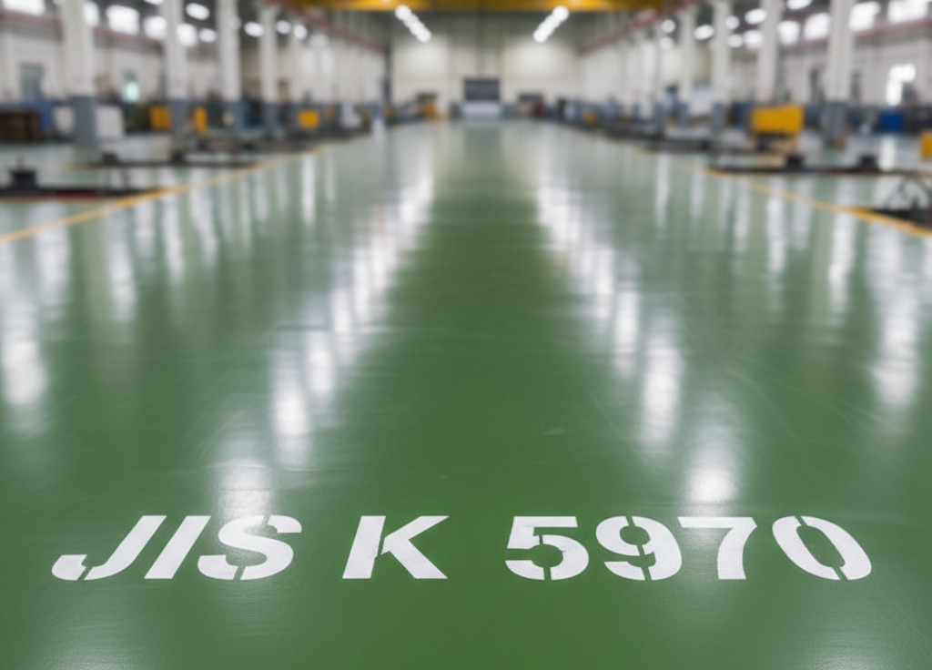 工場の緑色の床　JIS K 5970の文字が入っている